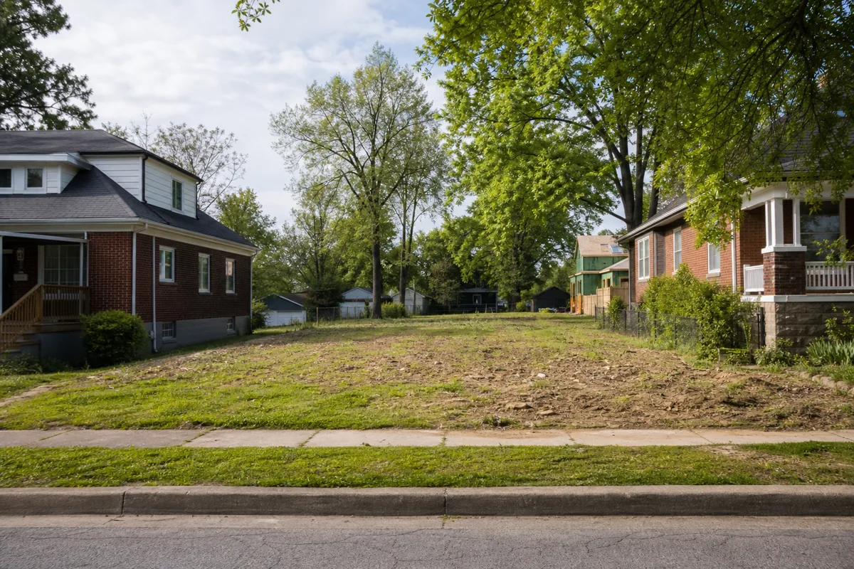 Vacant urban infill lot between established homes in an Ohio Valley neighborhood